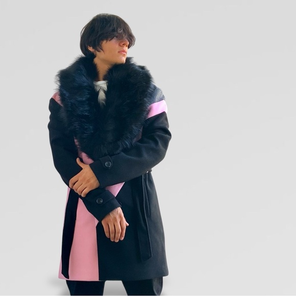 Men’s Pink | Grey | Black Double Breast Coat with Faux Fur NWT - Picture 6 of 9